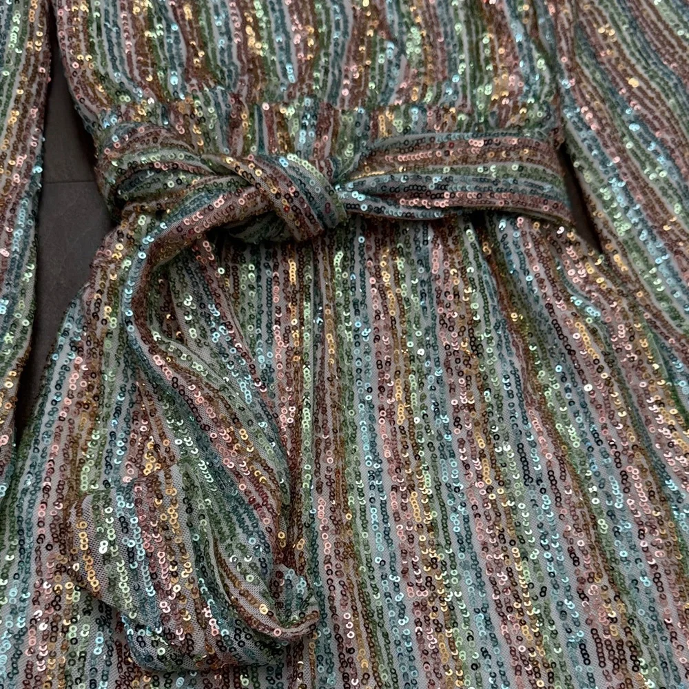 bebe XS Pastel Rainbow Sequin Balloon Sleeve Mini Dress Tie Waist